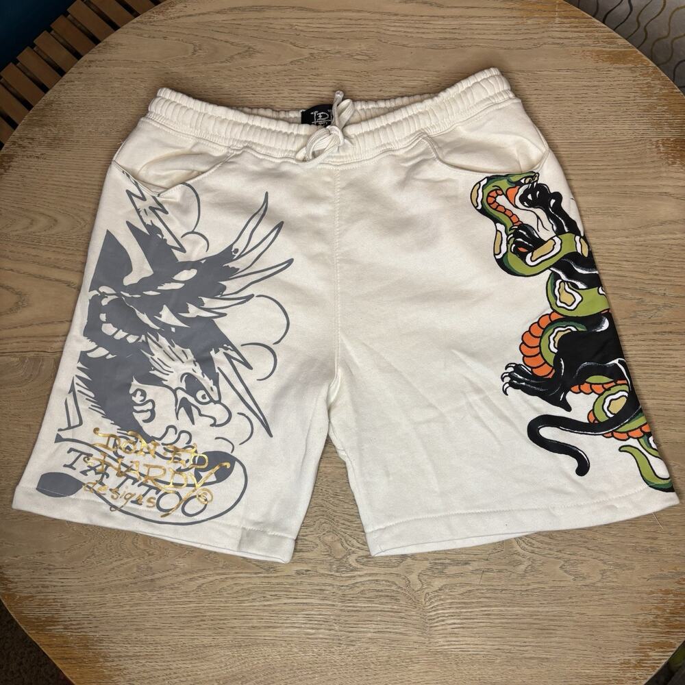 Ed Hardy Panther Spill Fleece Short Ivory Cotton Blend Medium Sweats Casual